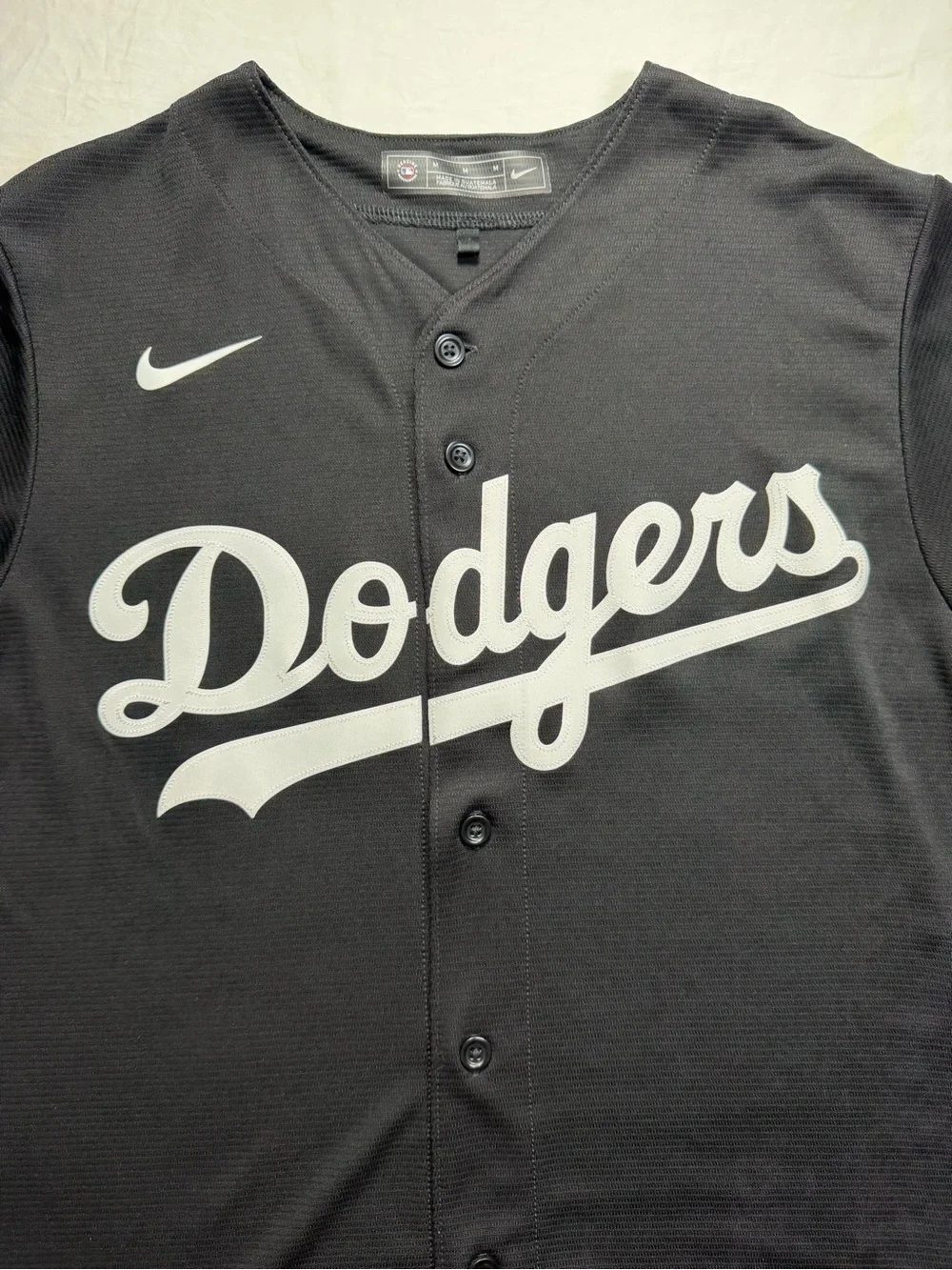 Nike Black Dodgers Button-Front Baseball Jersey with White Script